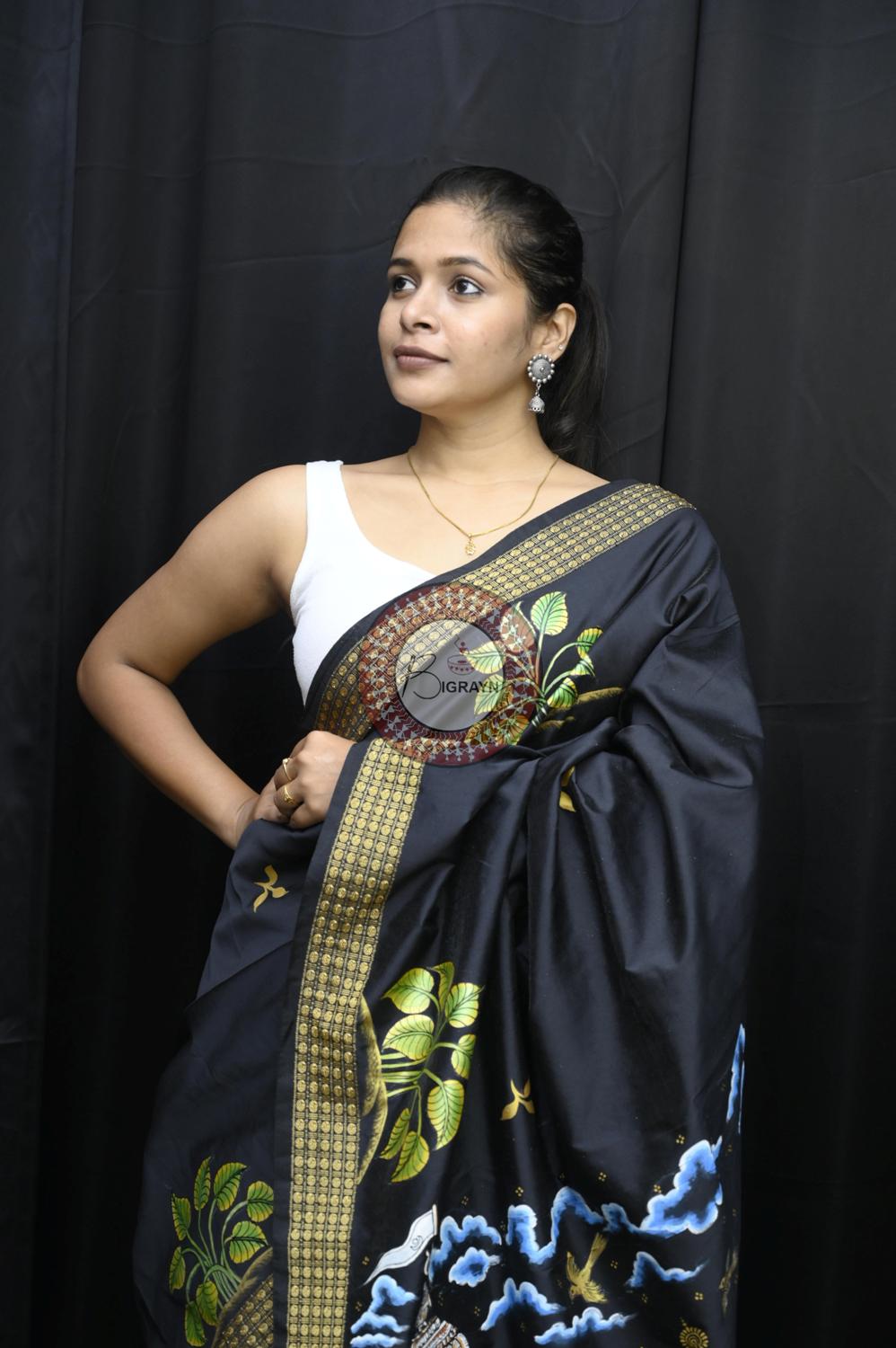 Black Pravata Barnana Theme Pattachitra Silk Saree