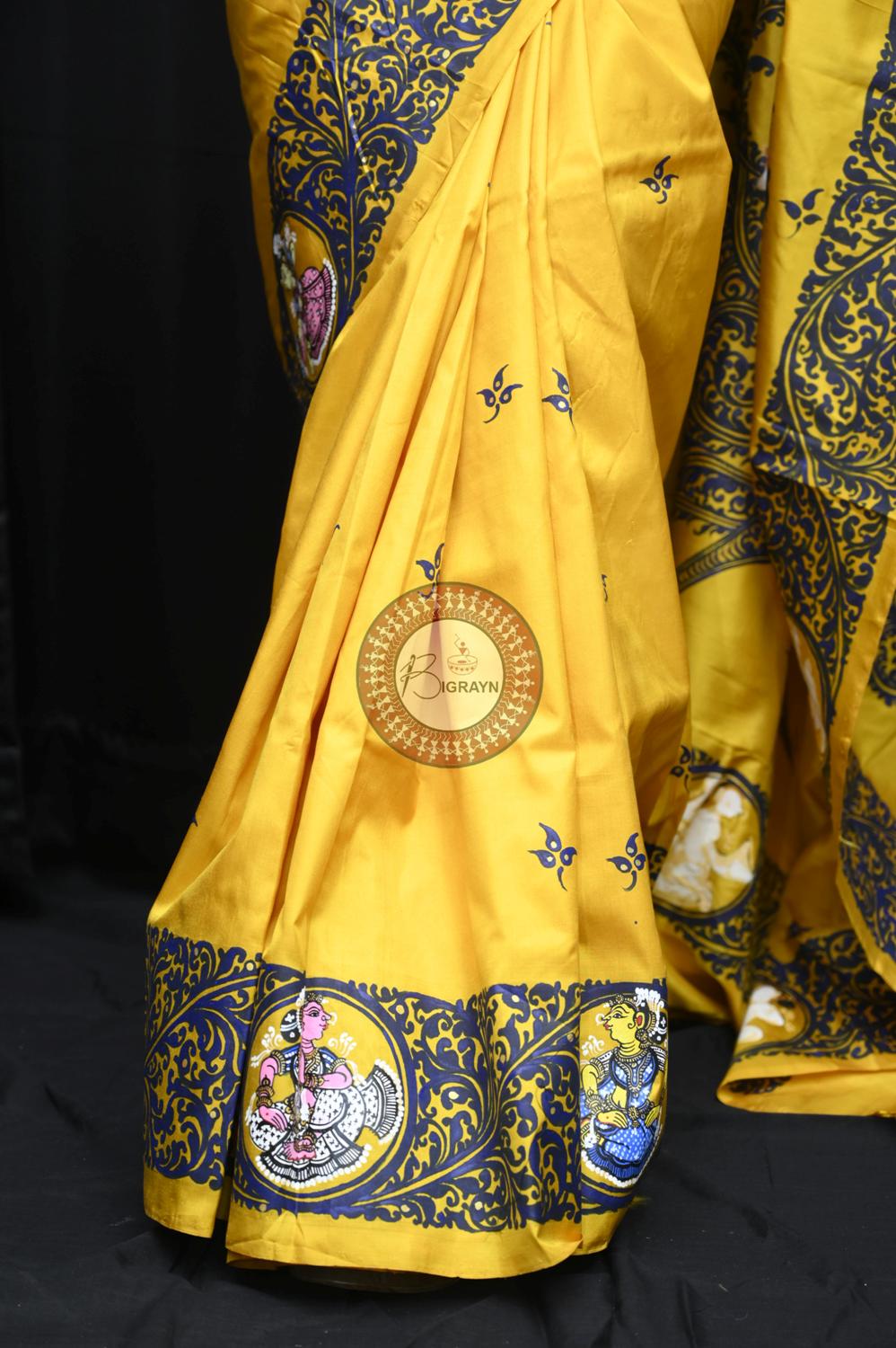 Yellow Kandarpa Peacock Pattachitra Silk Saree