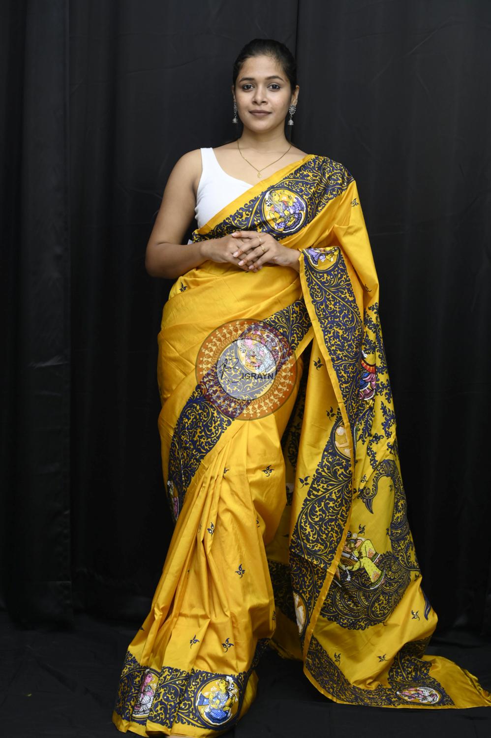 Yellow Kandarpa Peacock Pattachitra Silk Saree