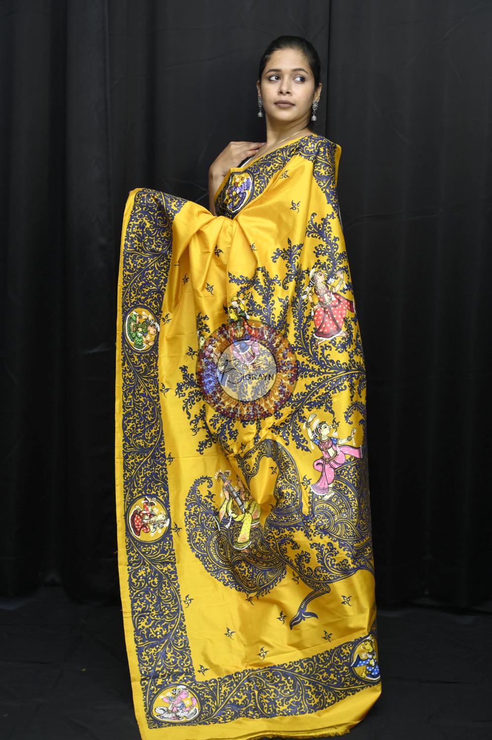 Yellow Kandarpa Peacock Pattachitra Silk Saree