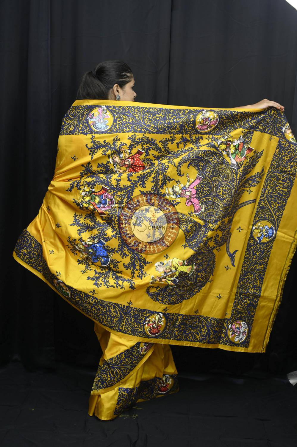 Yellow Kandarpa Peacock Pattachitra Silk Saree