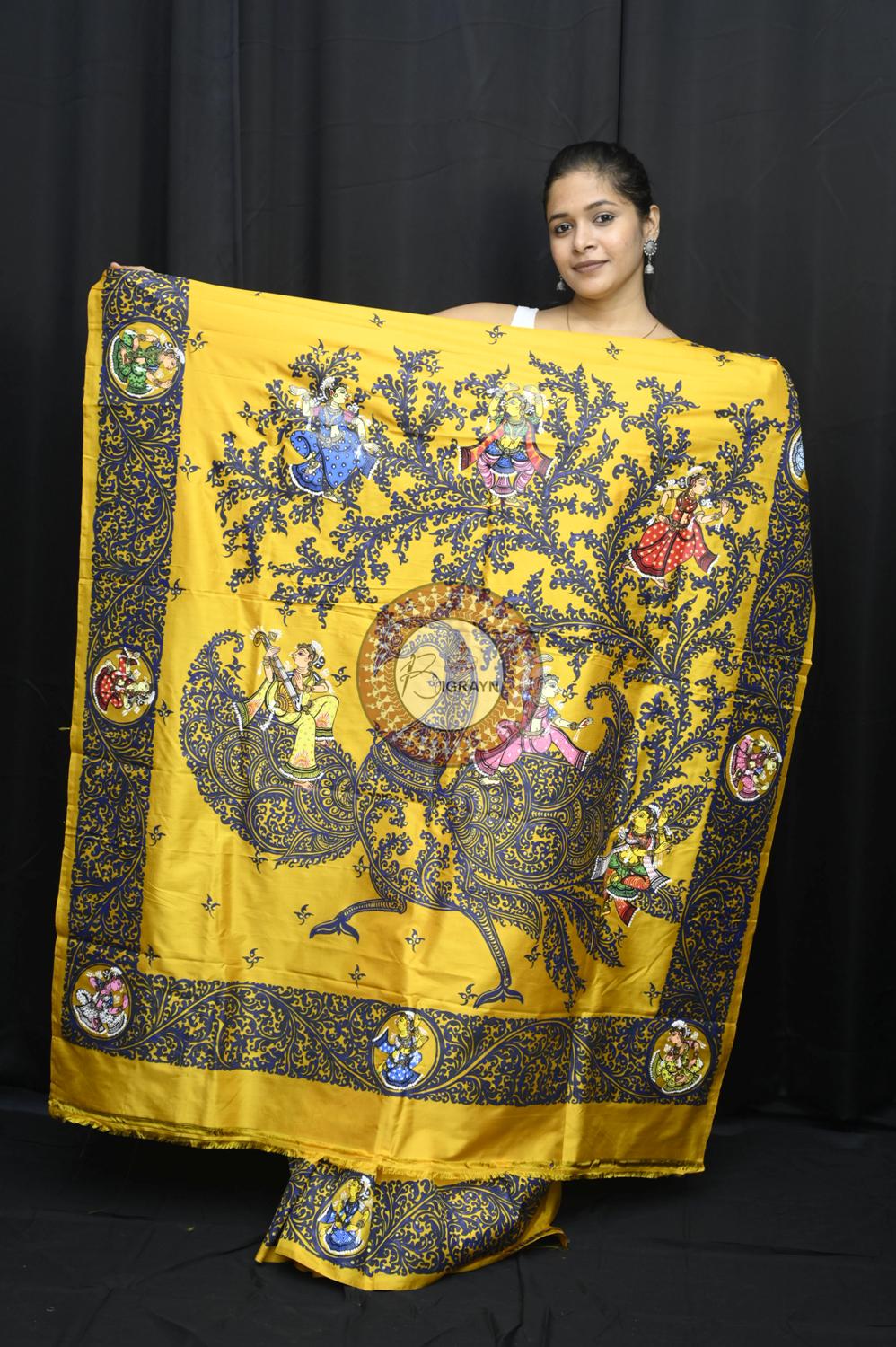 Yellow Kandarpa Peacock Pattachitra Silk Saree