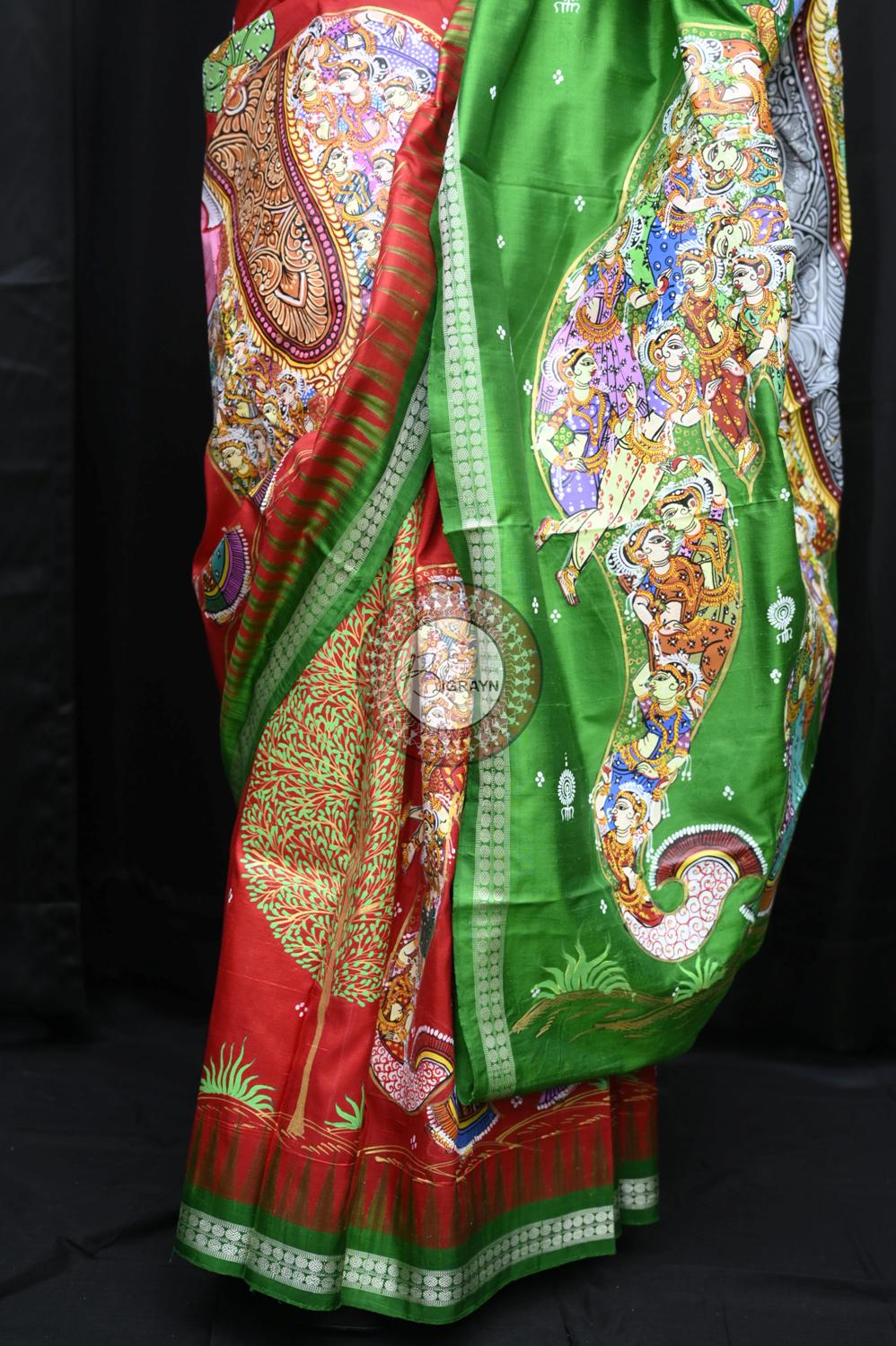 Red Green 7 Kandarpa Hasti Pattachitra Silk Saree