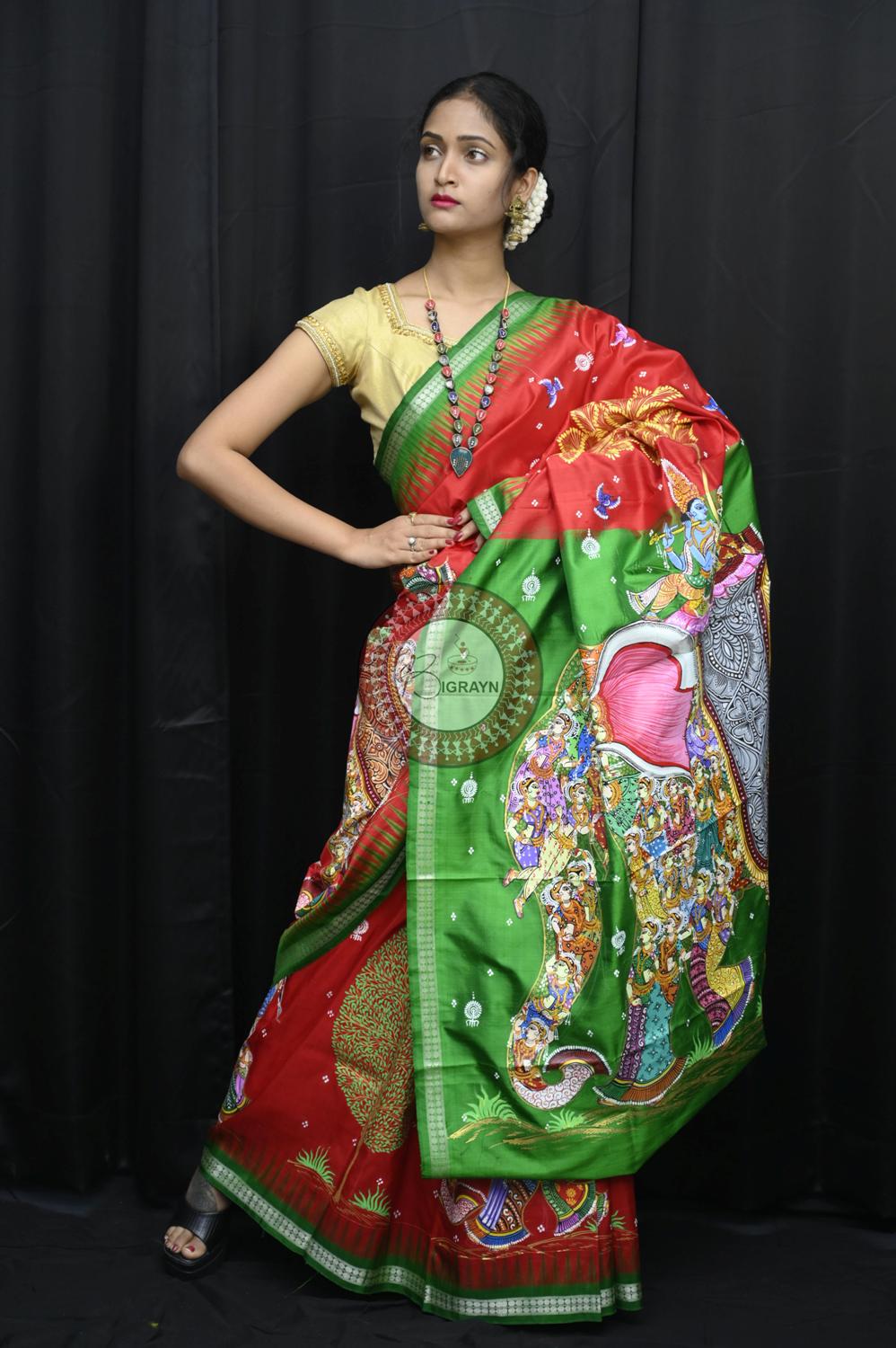 Red Green 7 Kandarpa Hasti Pattachitra Silk Saree