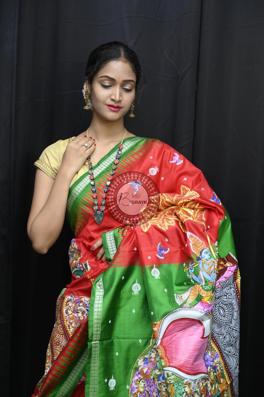 Red Green 7 Kandarpa Hasti Pattachitra Silk Saree