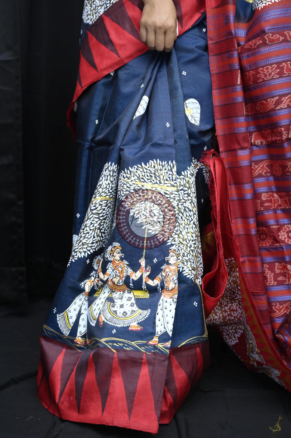 Navy Blue Red Raja Theme Pattachitra Tussar Silk Saree