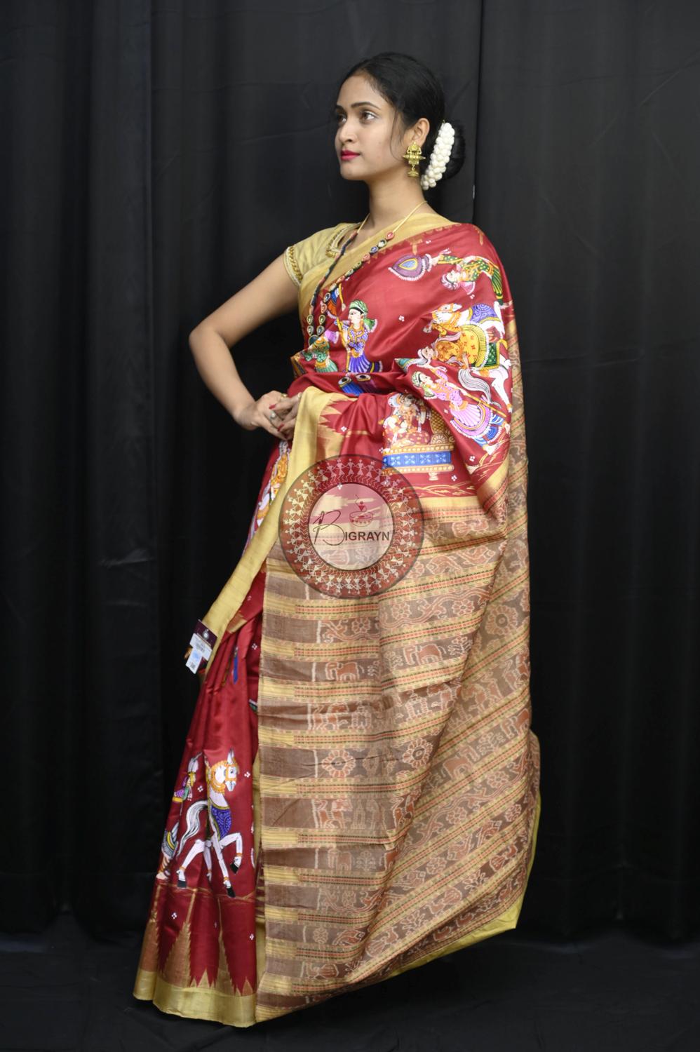 Maroon Marriage Theme Pattachitra Silk Saree