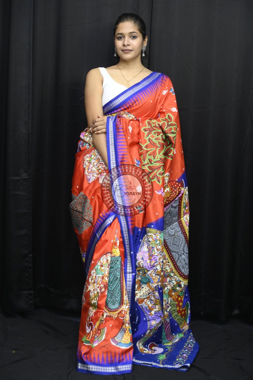 Orange Blue 7 Kandarpa Hasti Pattachitra Silk Saree