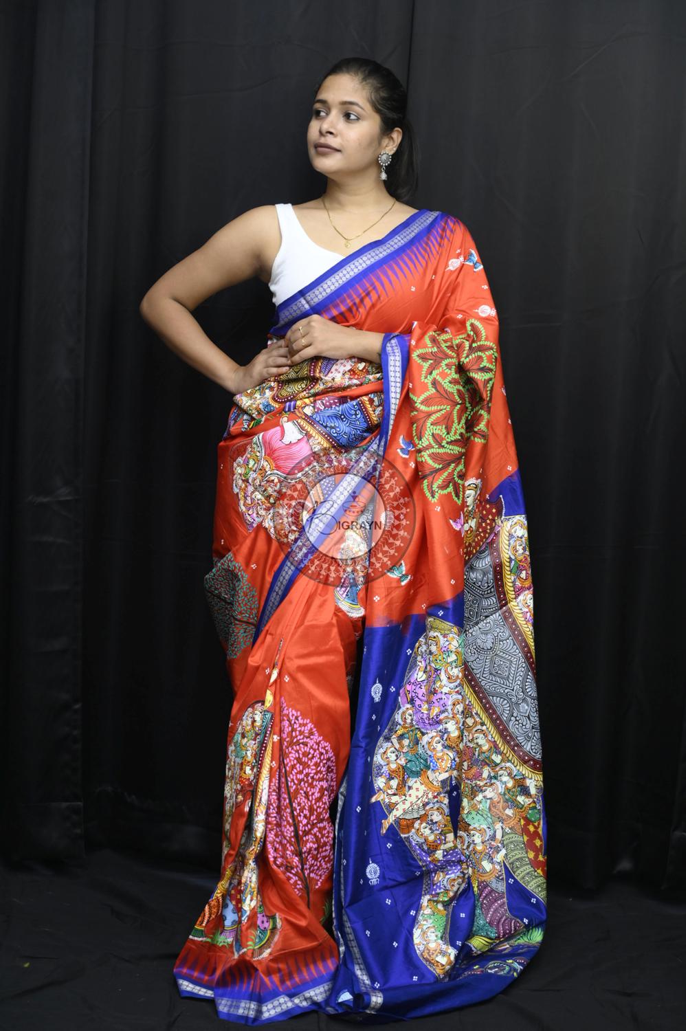 Orange Blue 7 Kandarpa Hasti Pattachitra Silk Saree