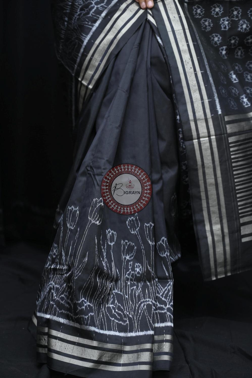 Black Tulips Lily Scot Natural Dye Sambalpuri Silk Saree
