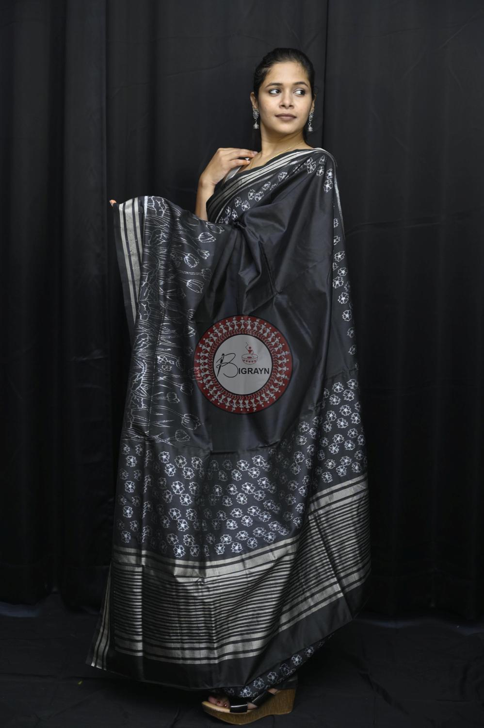 Black Tulips Lily Scot Natural Dye Sambalpuri Silk Saree