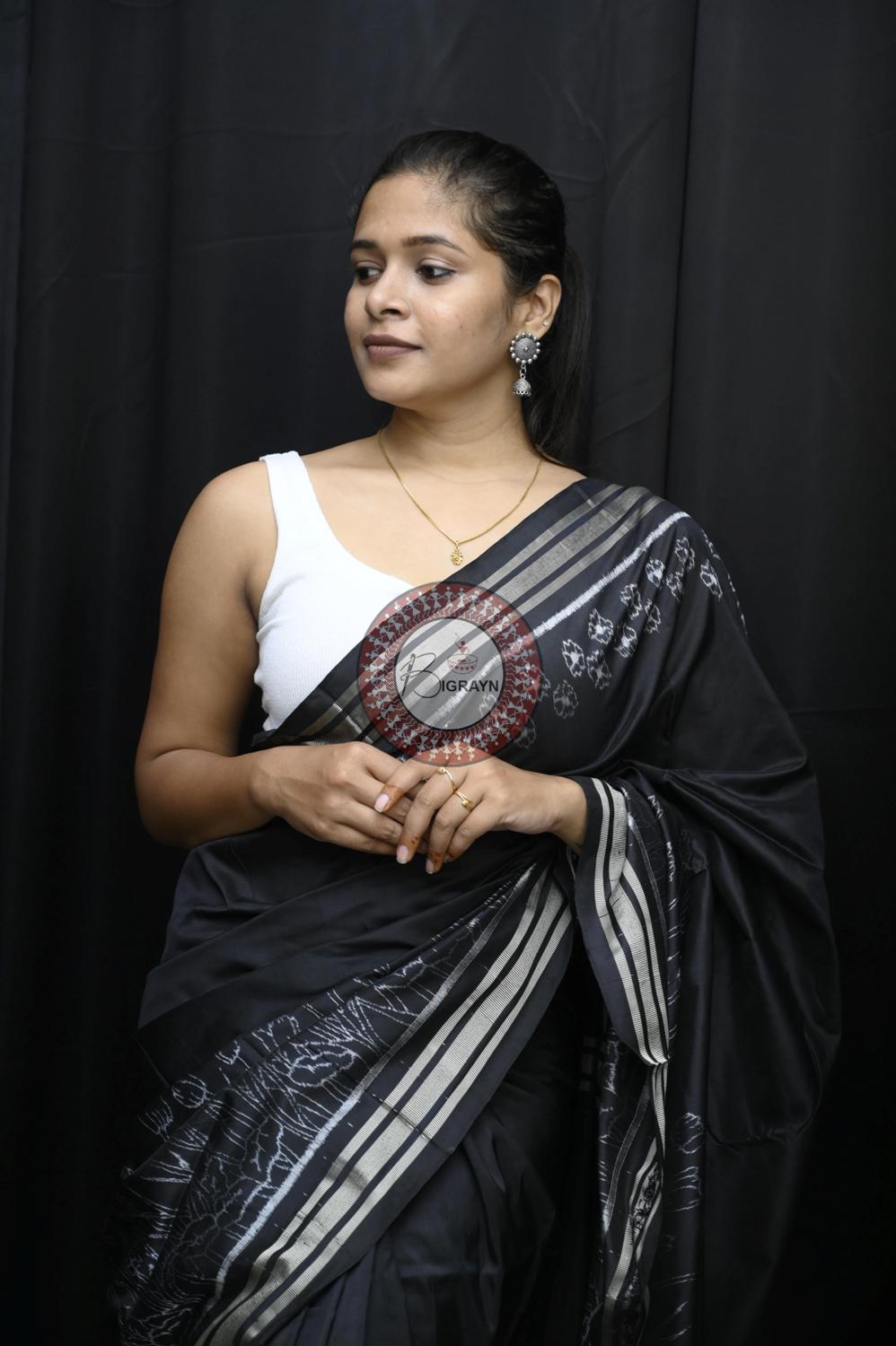 Black Tulips Lily Scot Natural Dye Sambalpuri Silk Saree