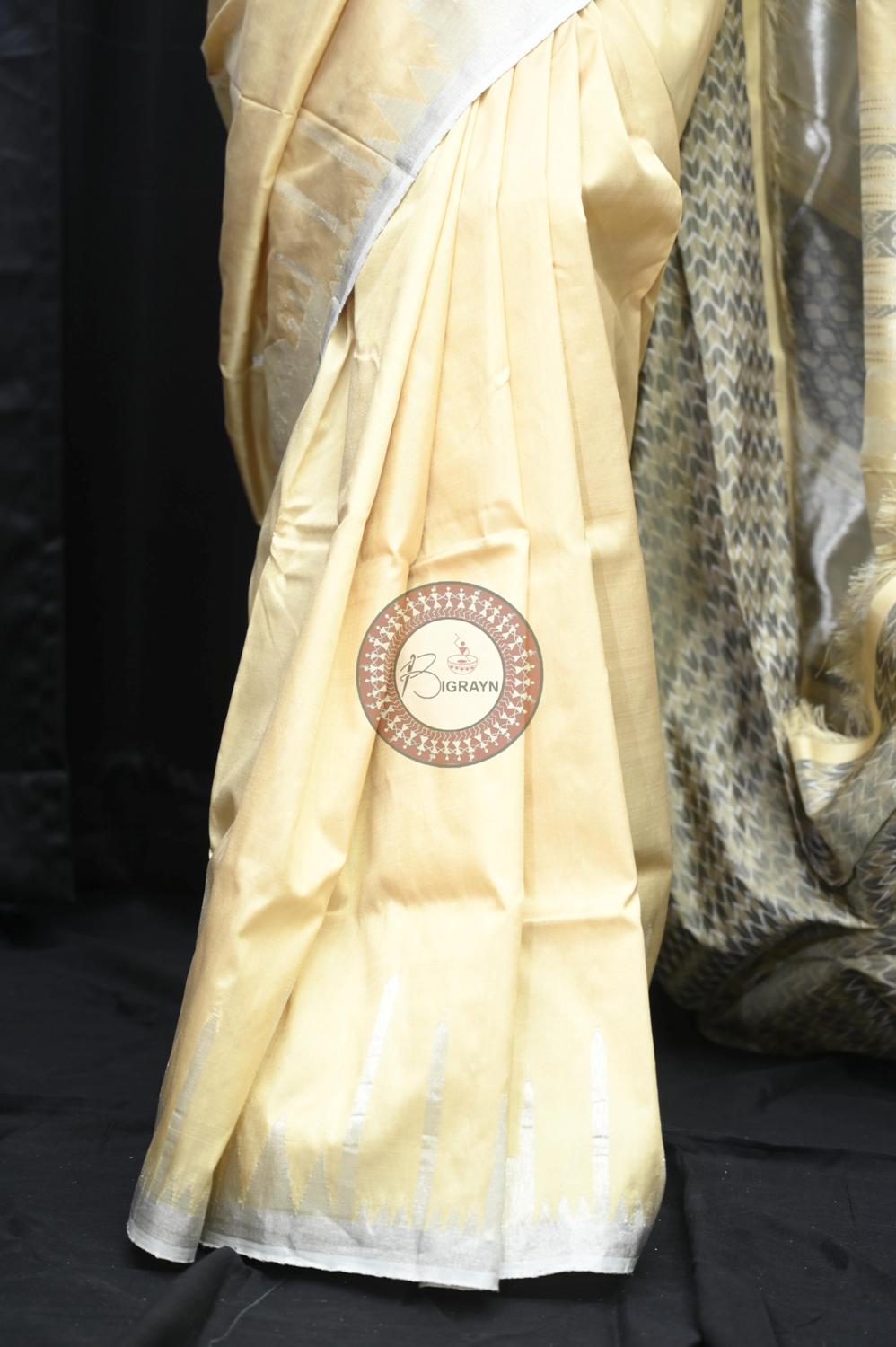"Odisha Handloom Tissue Silk Saree with shimmering texture, elegant zari border, and lightweight drape, handcrafted by artisans"