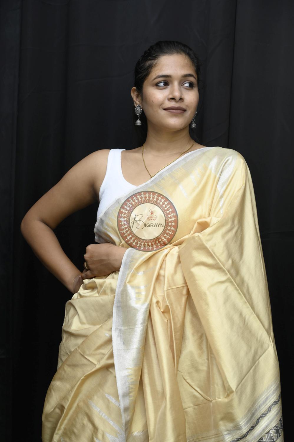 "Odisha Handloom Tissue Silk Saree with shimmering texture, elegant zari border, and lightweight drape, handcrafted by artisans"