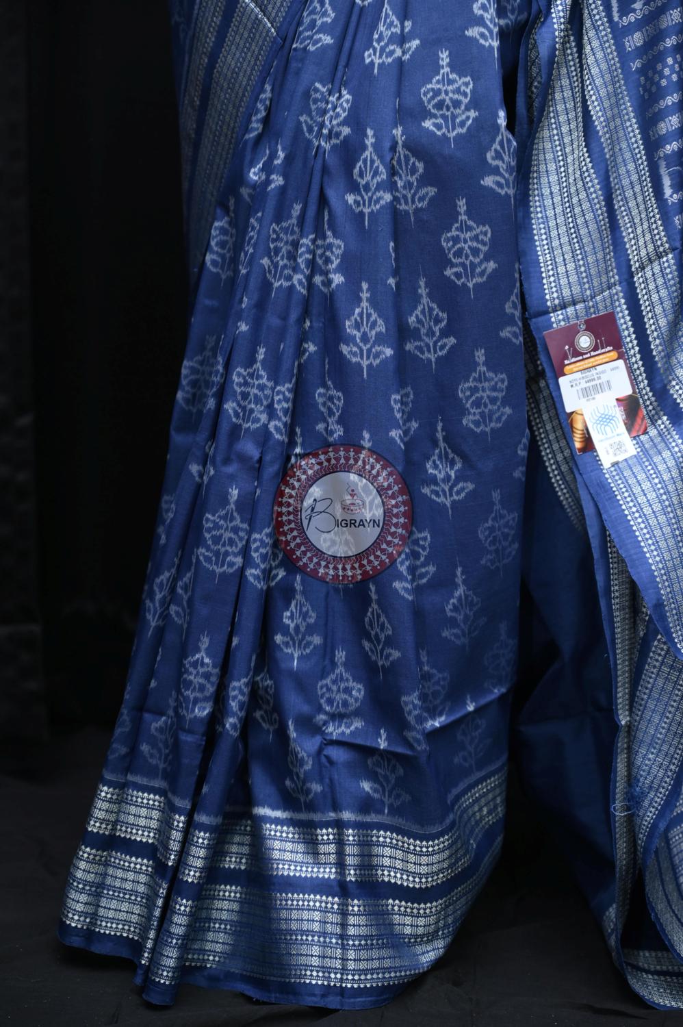 Indigo Hibiscus Natural Dye Sambalpuri Silk Saree