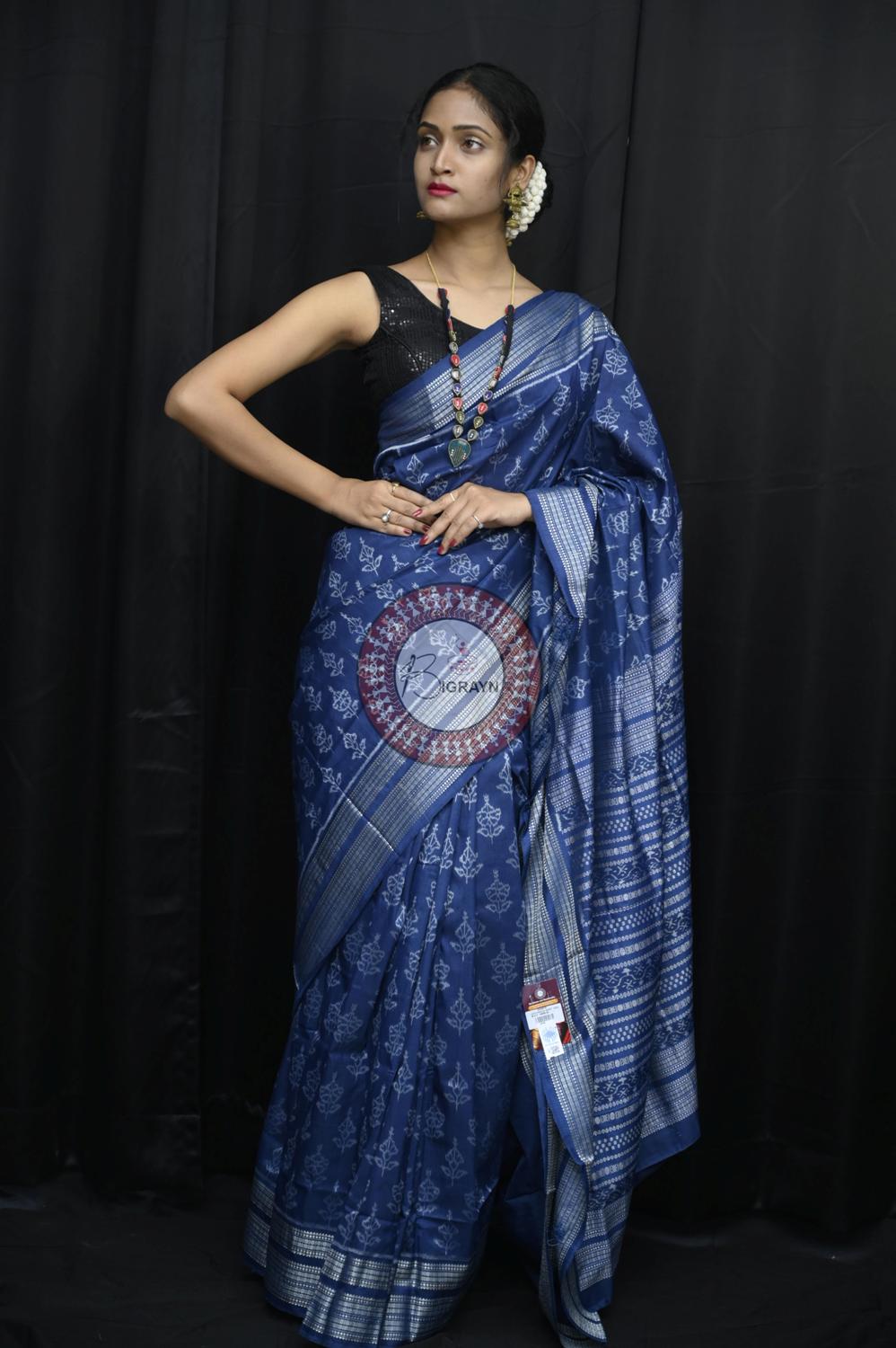 Indigo Hibiscus Natural Dye Sambalpuri Silk Saree