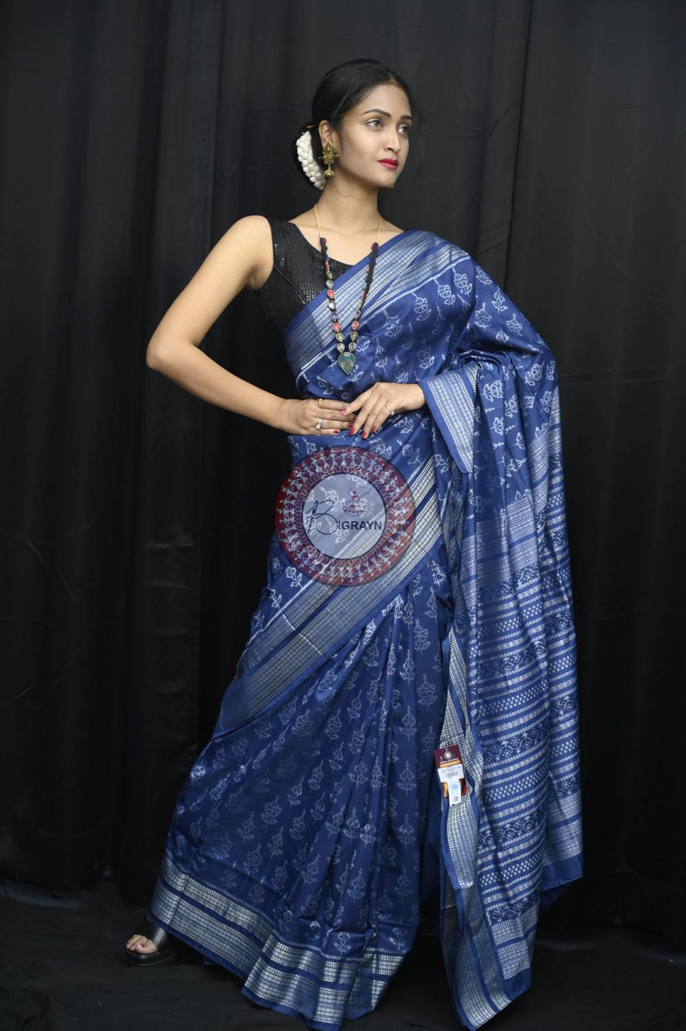 Indigo Hibiscus Natural Dye Sambalpuri Silk Saree