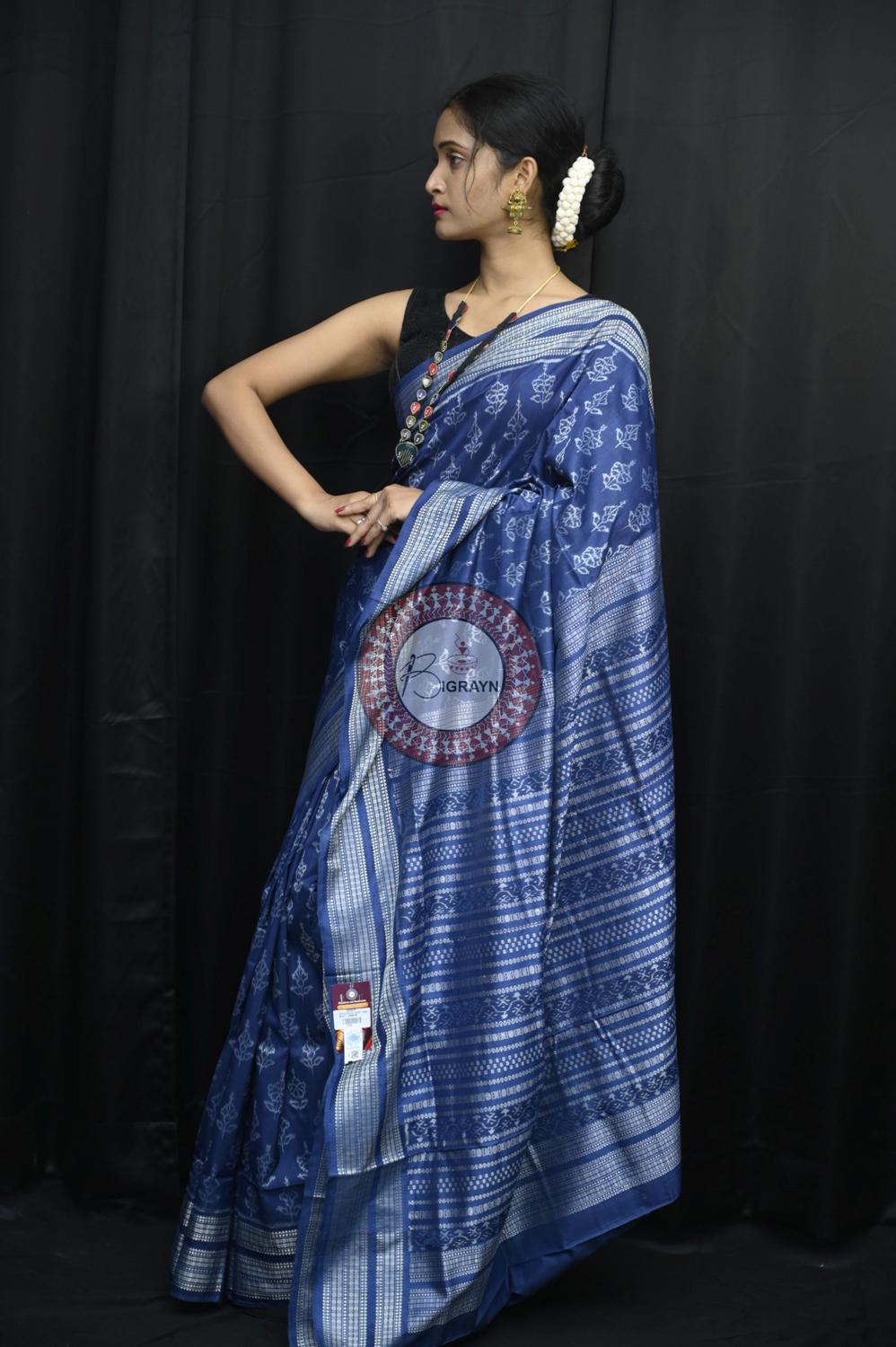 Indigo Hibiscus Natural Dye Sambalpuri Silk Saree