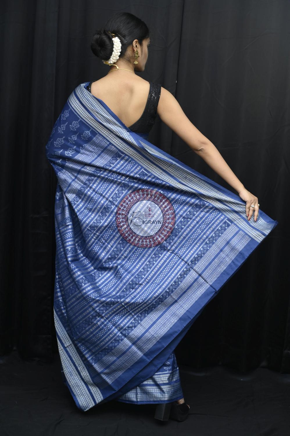 Indigo Hibiscus Natural Dye Sambalpuri Silk Saree