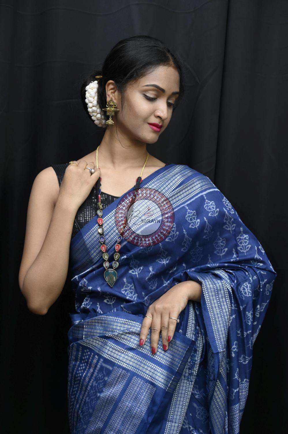 Indigo Hibiscus Natural Dye Sambalpuri Silk Saree