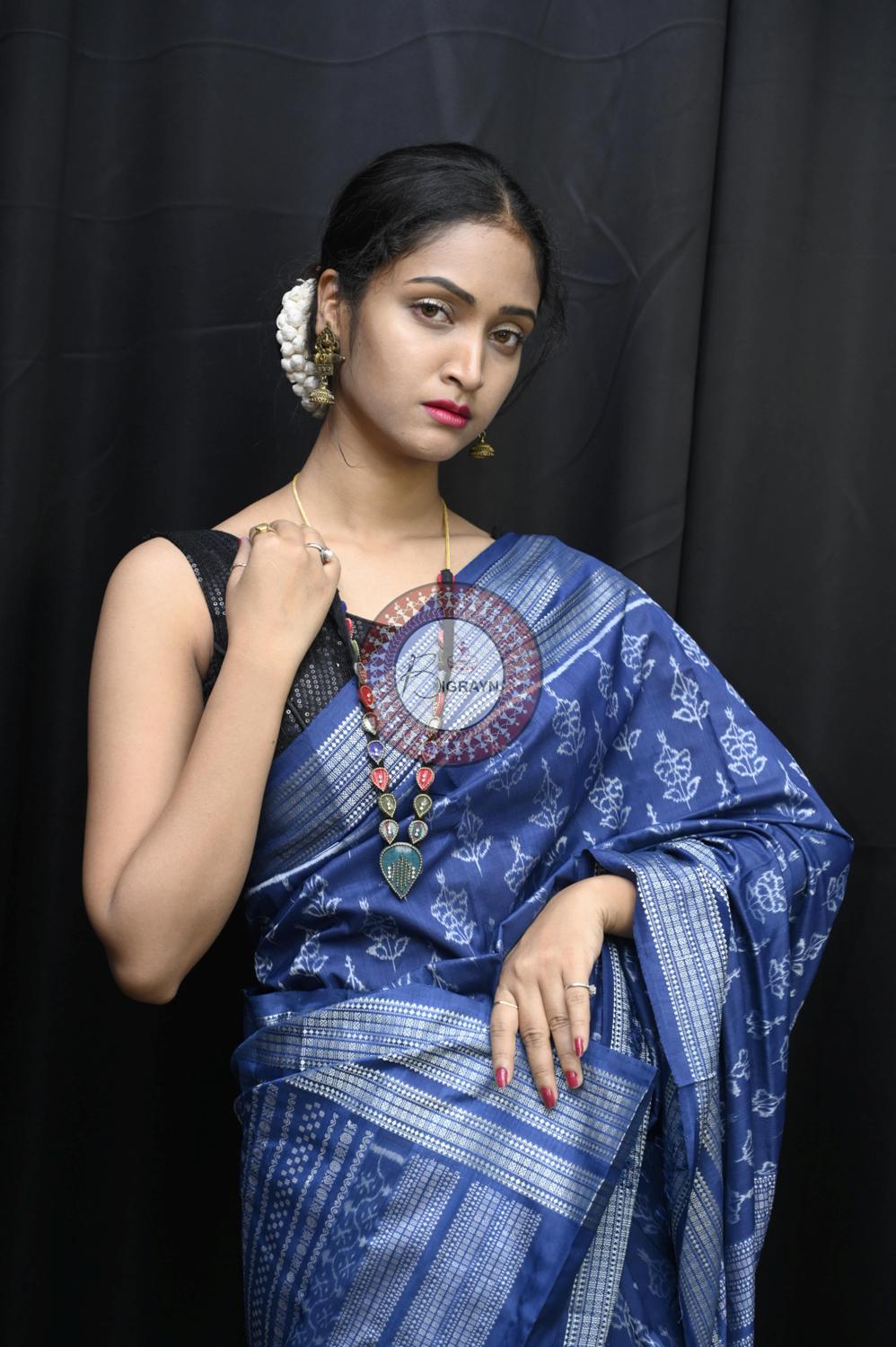 Indigo Hibiscus Natural Dye Sambalpuri Silk Saree