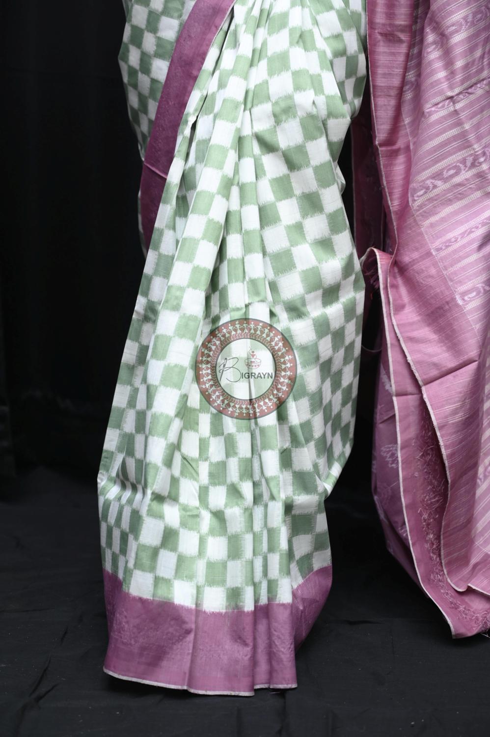 Green White Small Pasapali Natural Dye Sambalpuri Silk Saree