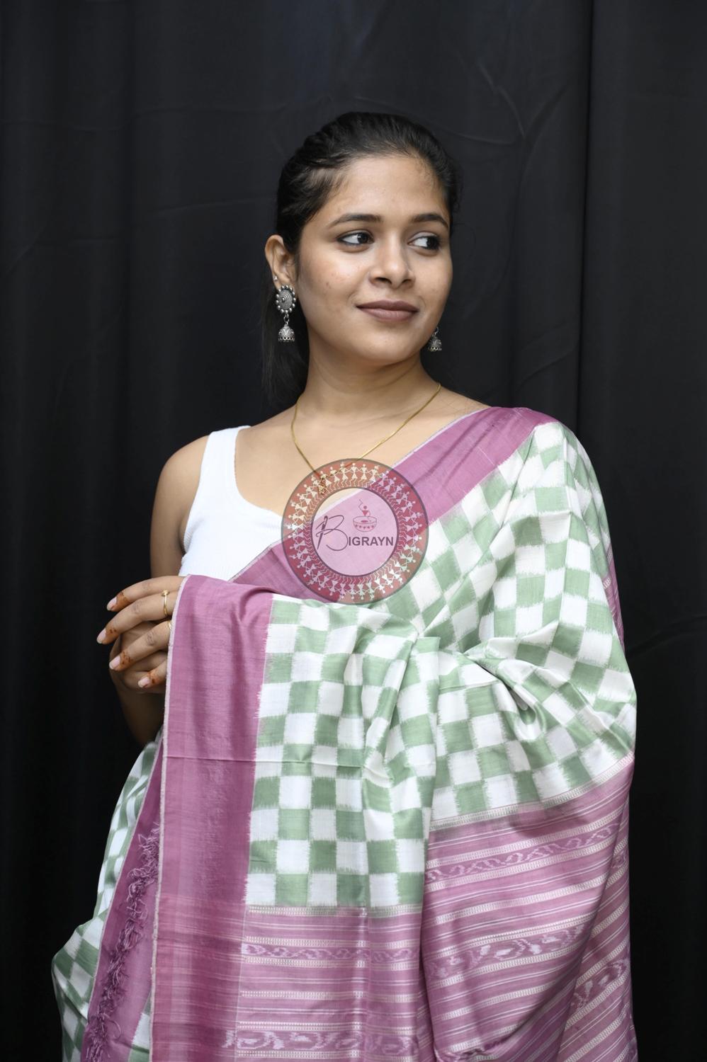 Green White Small Pasapali Natural Dye Sambalpuri Silk Saree