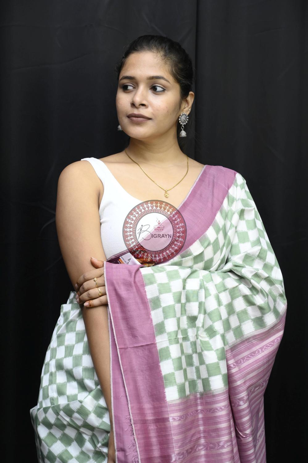 Green White Small Pasapali Natural Dye Sambalpuri Silk Saree