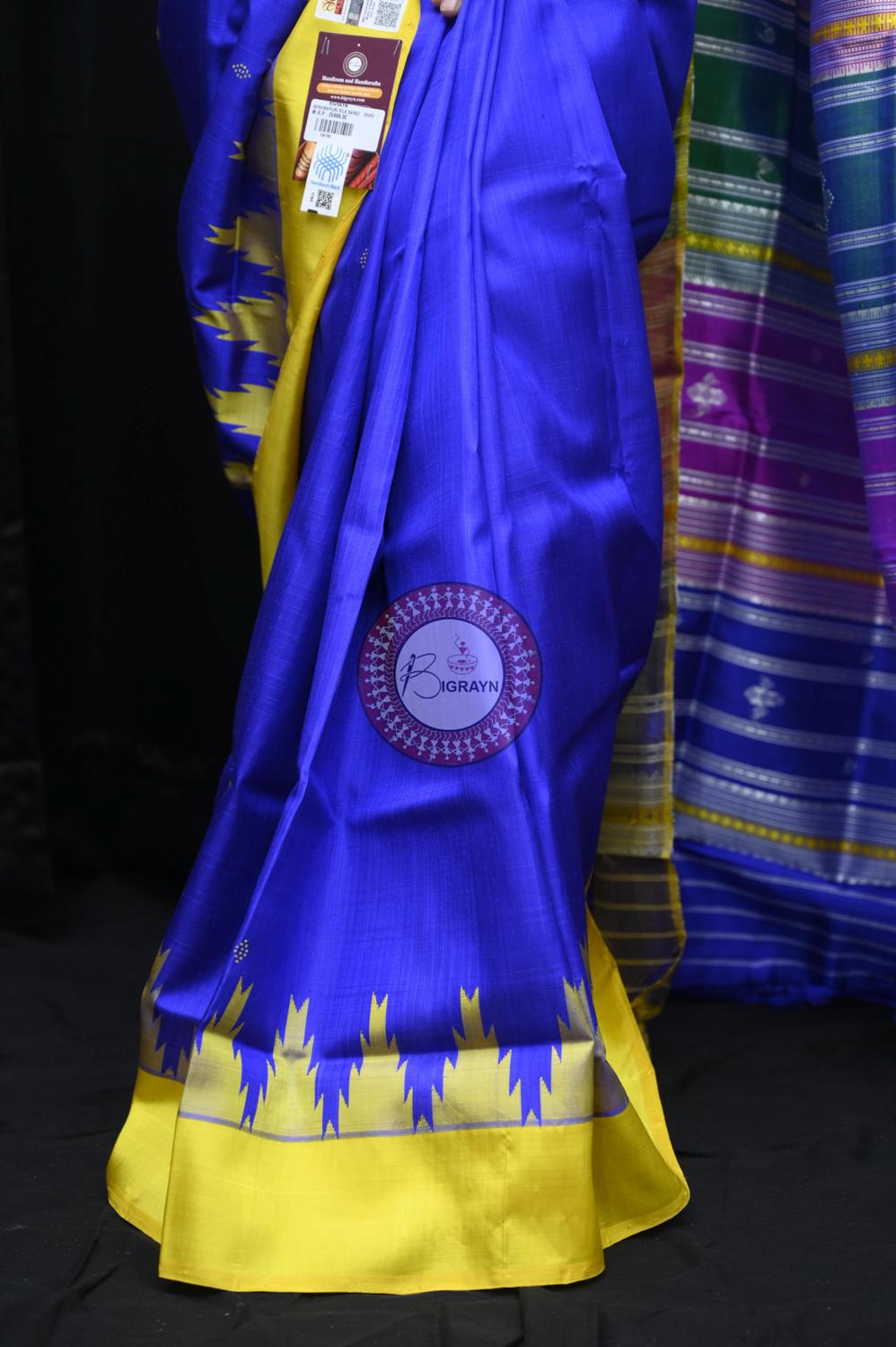 Royal Blue Yellow Multicolour Double Anchal Berhampuri Silk Saree