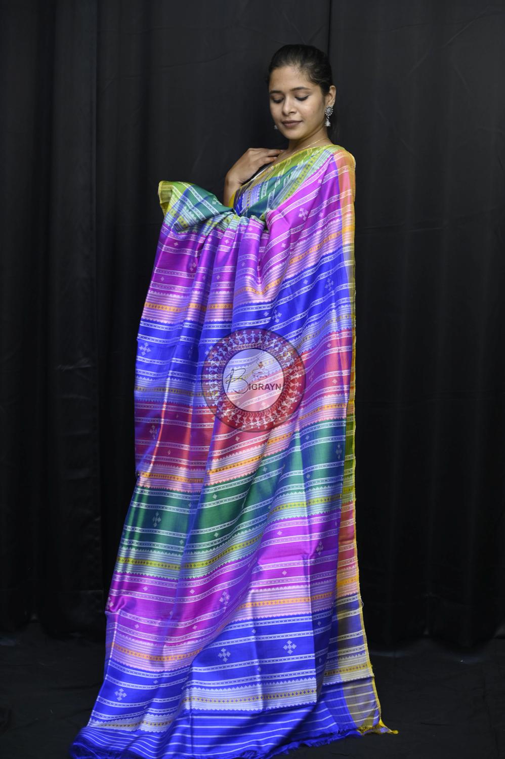 Royal Blue Yellow Multicolour Double Anchal Berhampuri Silk Saree