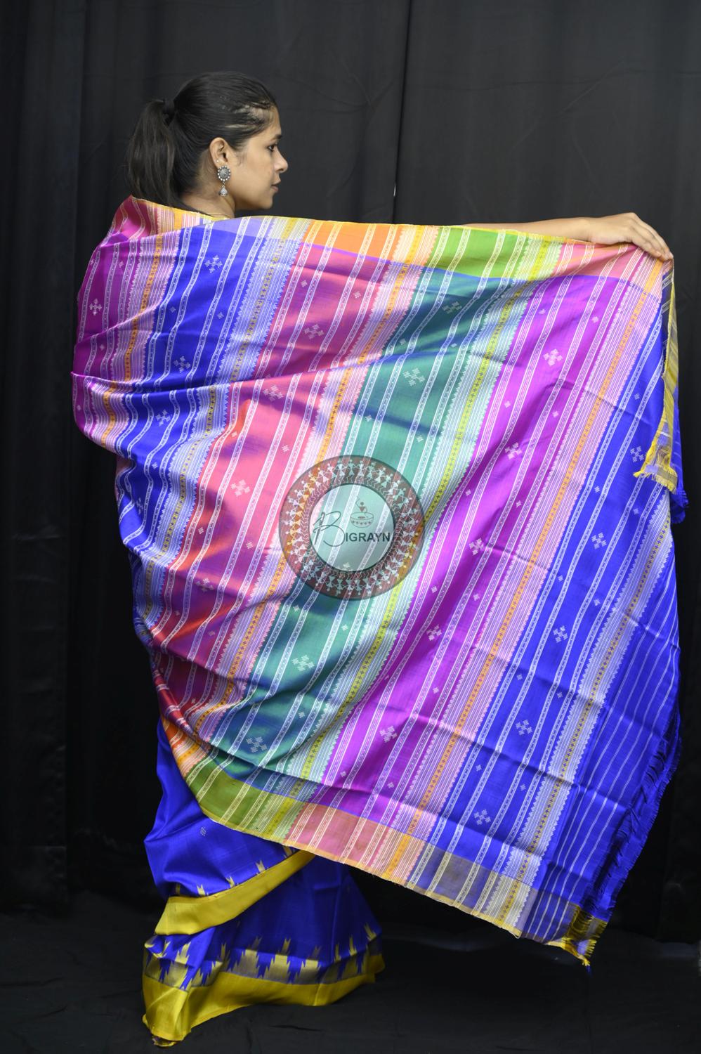Royal Blue Yellow Multicolour Double Anchal Berhampuri Silk Saree