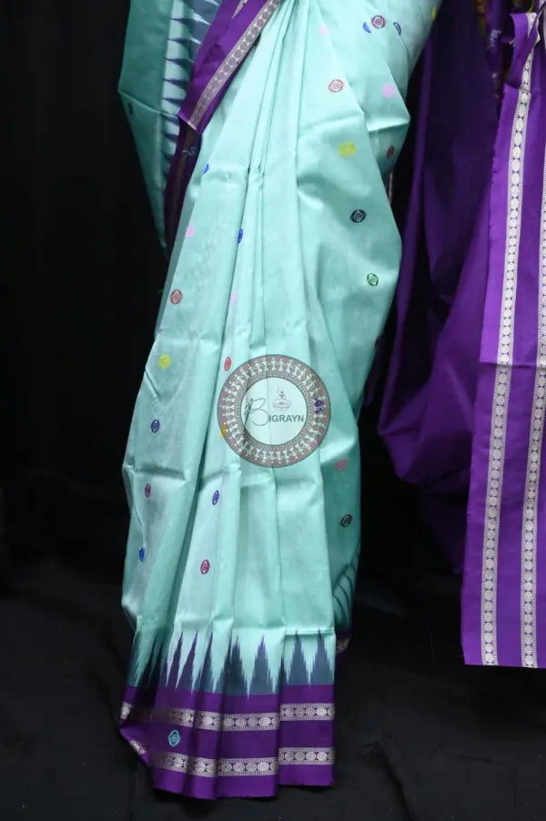 Aqua Blue Purple Neela Chakra Sambalpuri Silk Saree