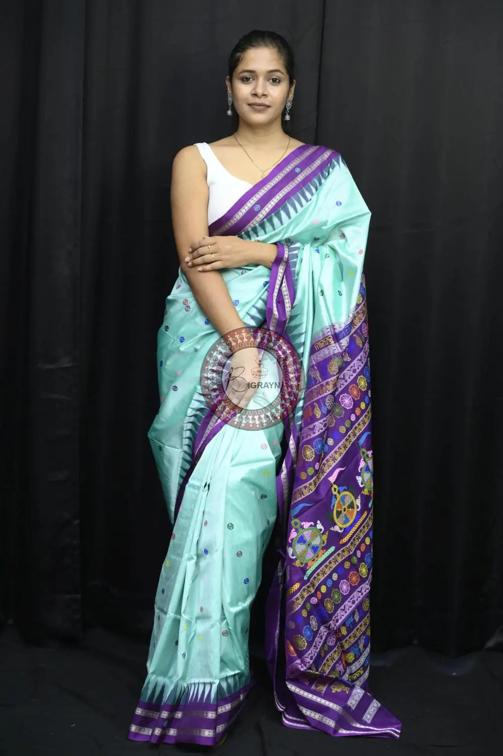 Aqua Blue Purple Neela Chakra Sambalpuri Silk Saree