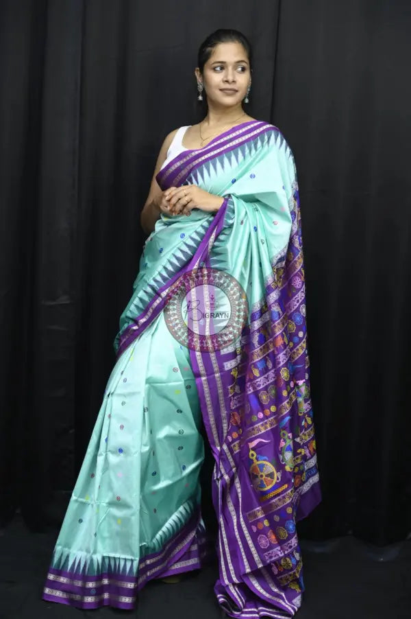 Aqua Blue Purple Neela Chakra Sambalpuri Silk Saree