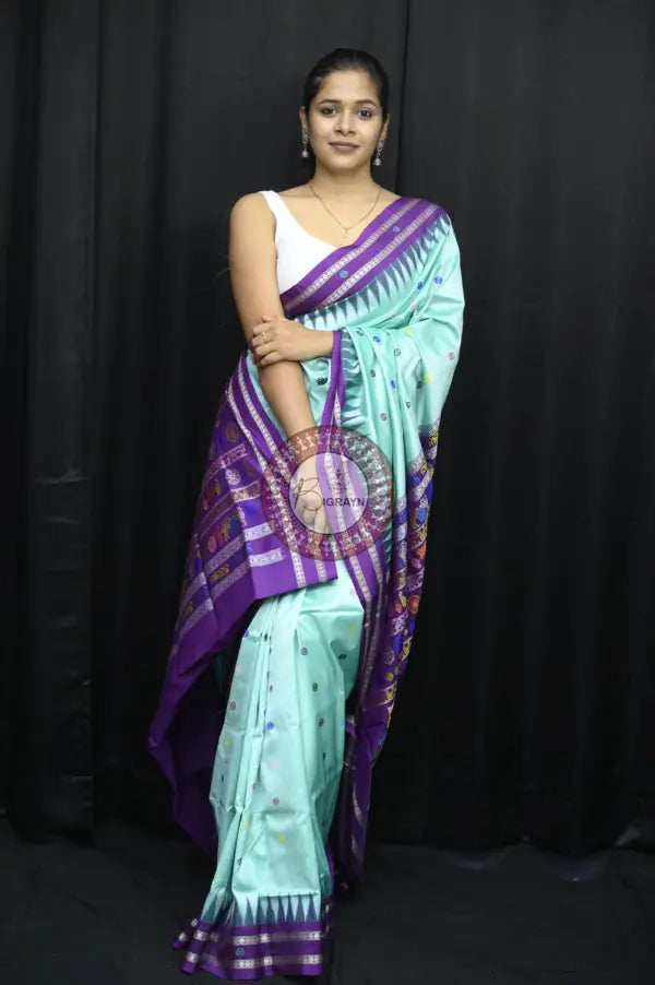 Aqua Blue Purple Neela Chakra Sambalpuri Silk Saree