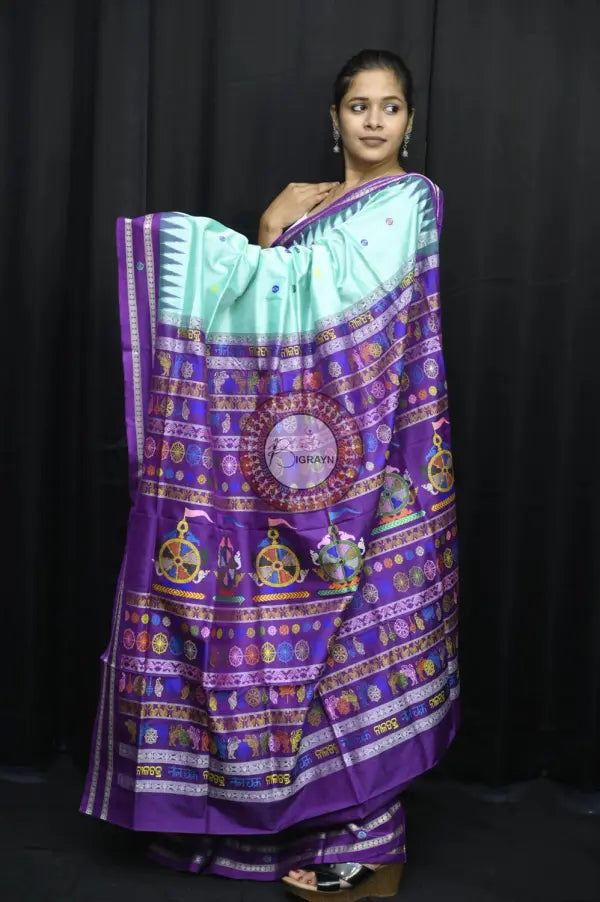 Aqua Blue Purple Neela Chakra Sambalpuri Silk Saree