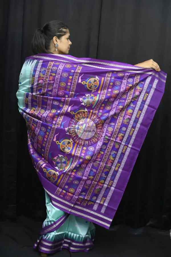 Aqua Blue Purple Neela Chakra Sambalpuri Silk Saree