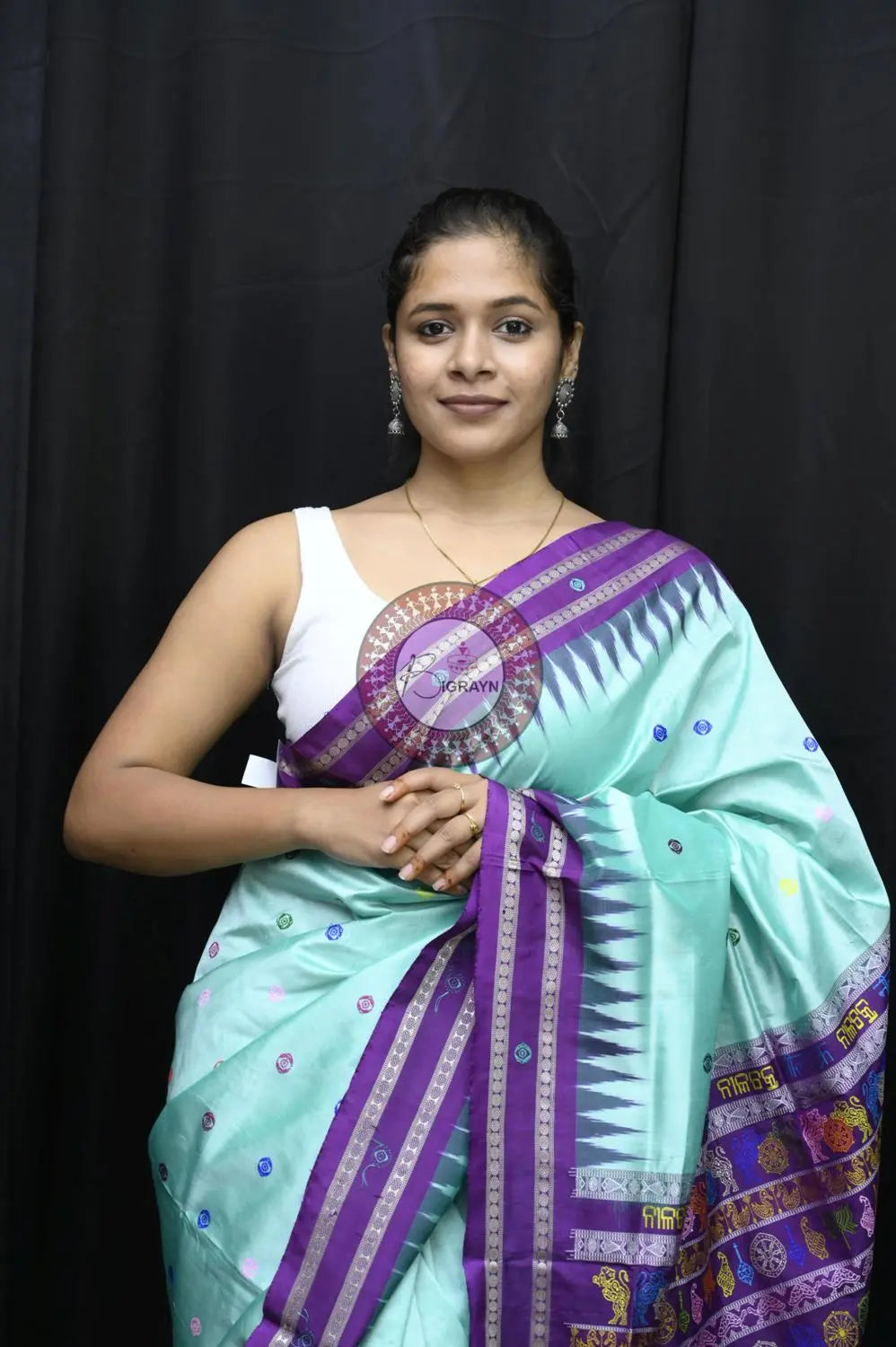 Aqua Blue Purple Neela Chakra Sambalpuri Silk Saree