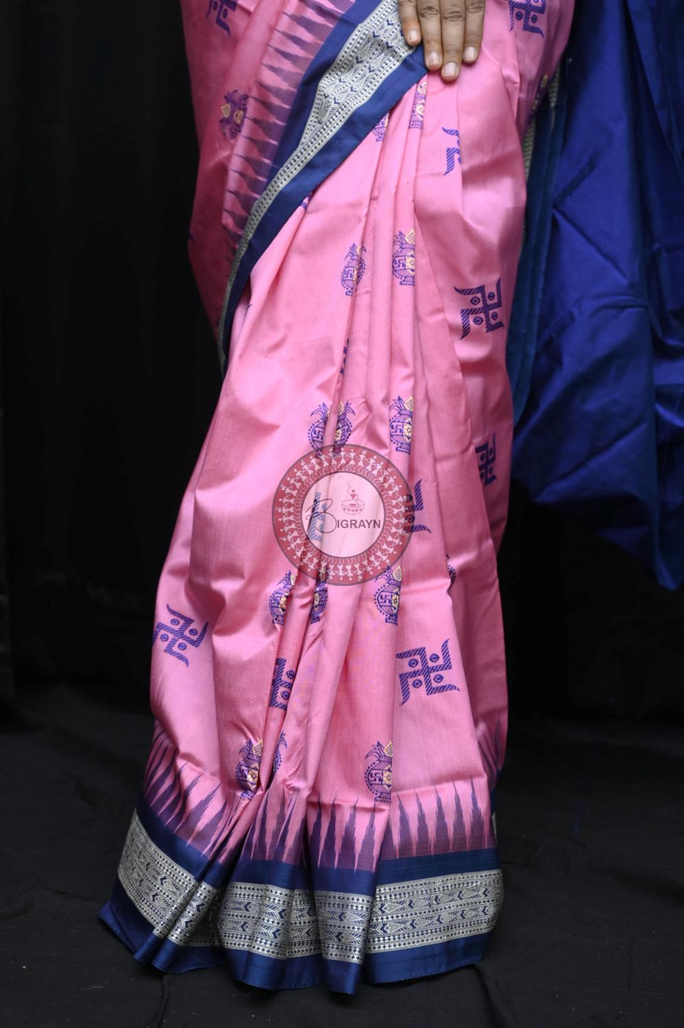 Pink Blue Swastik Kalash Silk Saree