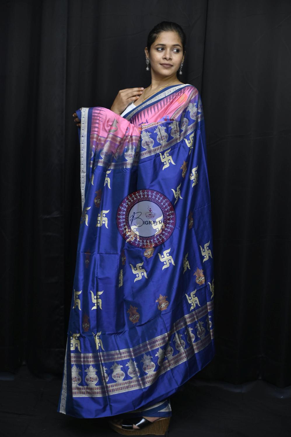Pink Blue Swastik Kalash Silk Saree