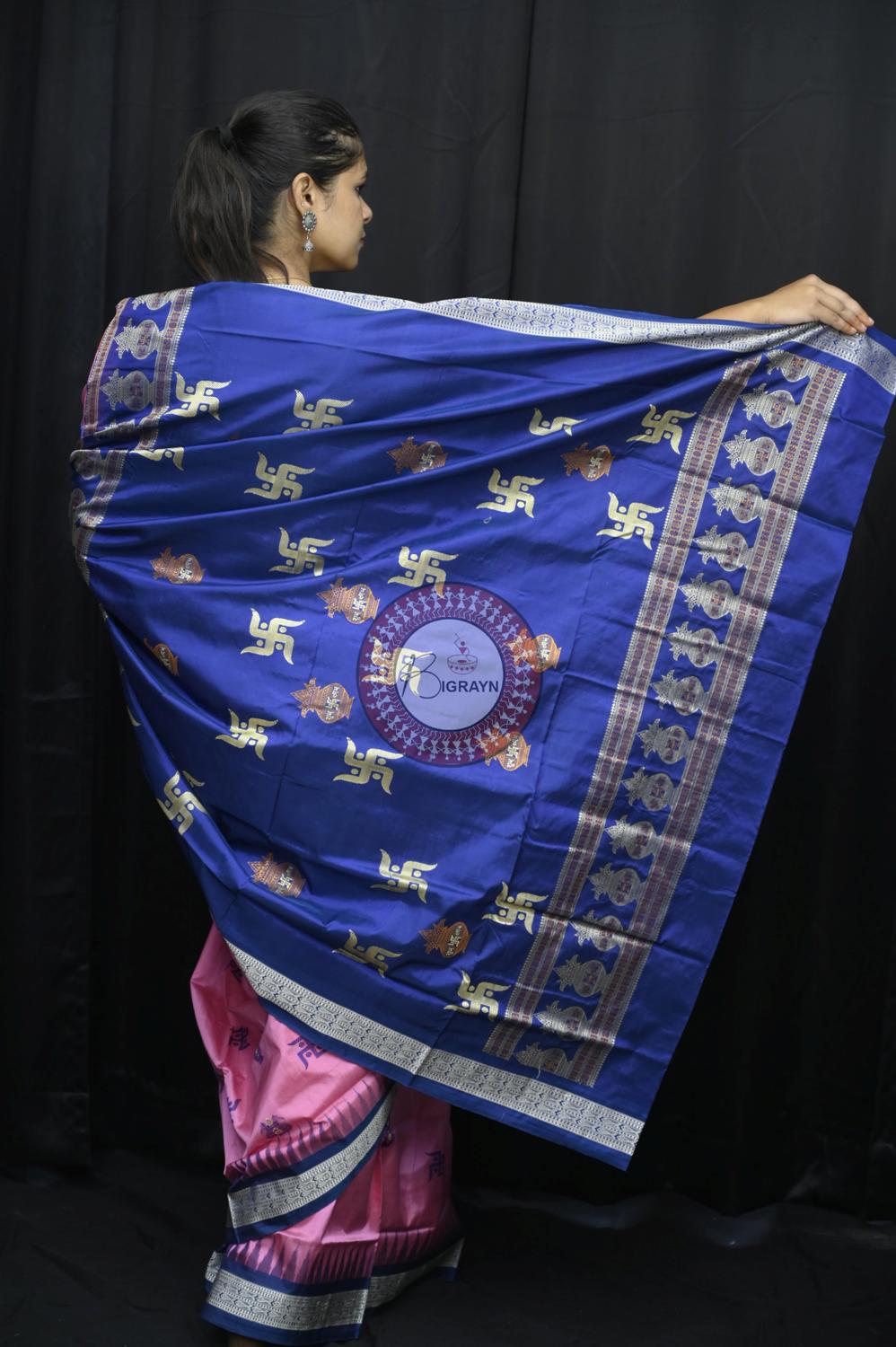 Pink Blue Swastik Kalash Silk Saree