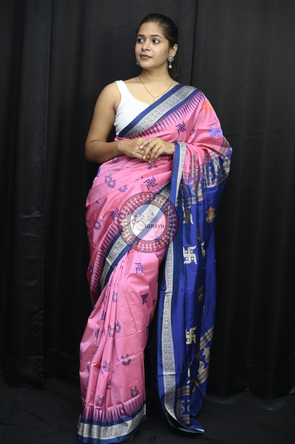 Pink Blue Swastik Kalash Silk Saree