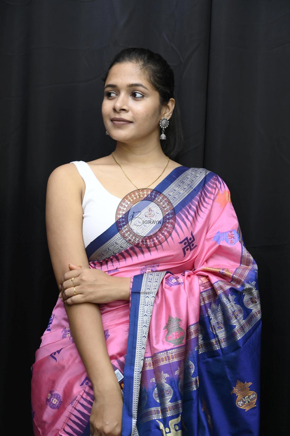 Pink Blue Swastik Kalash Silk Saree