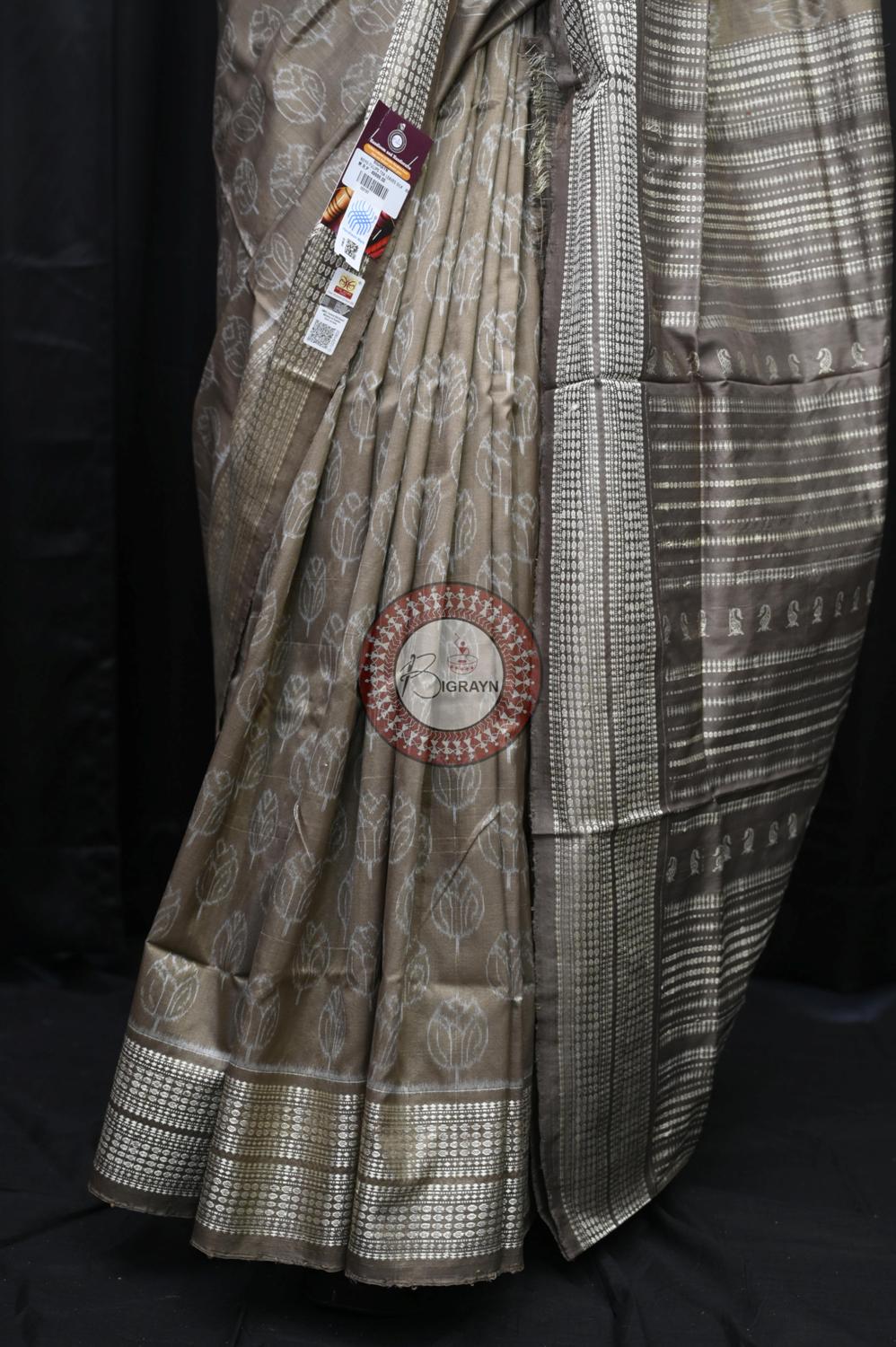 Gray Tulips Tea Leaf Natural Dye Sambalpuri Silk Saree