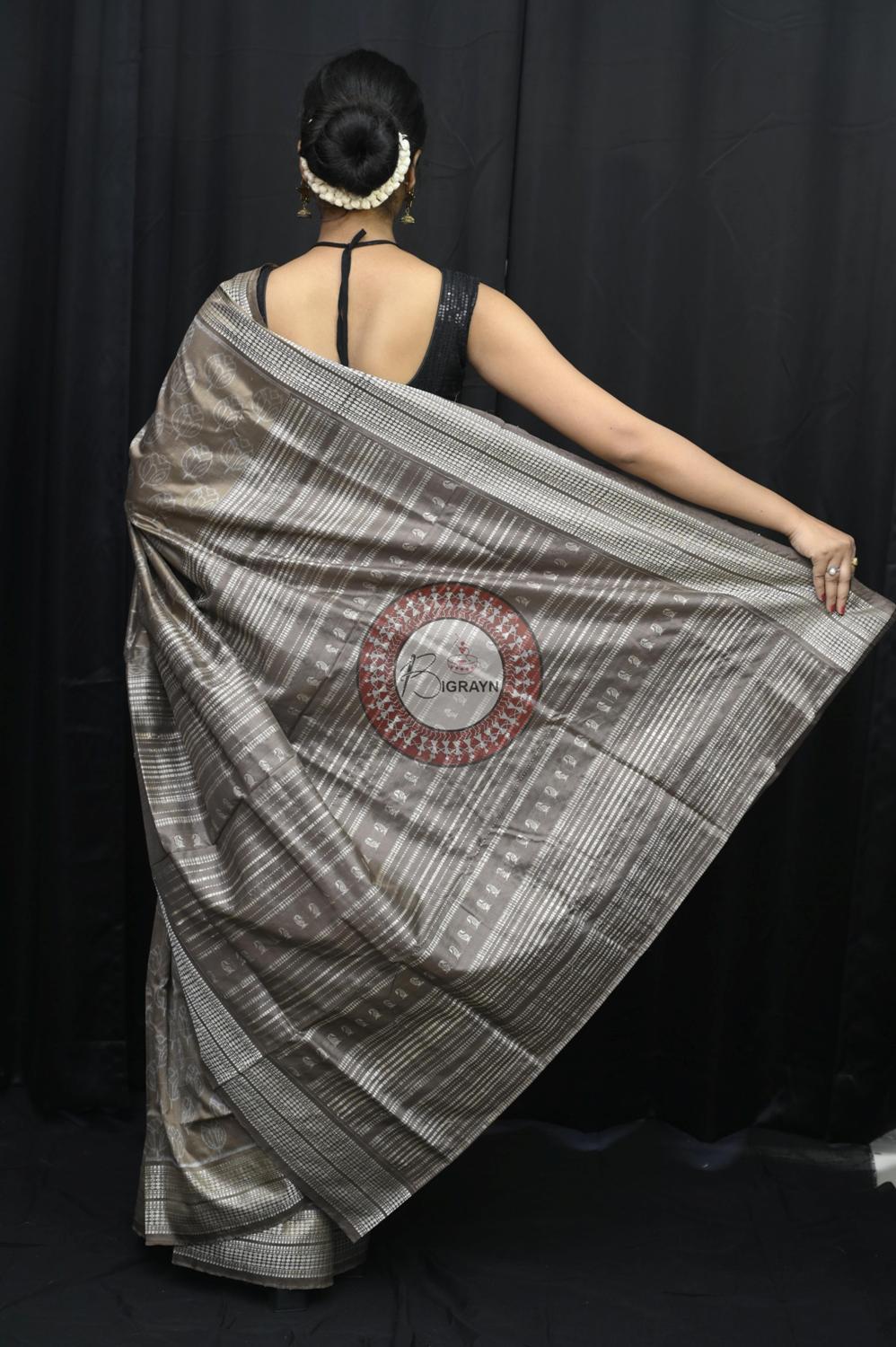 Gray Tulips Tea Leaf Natural Dye Sambalpuri Silk Saree