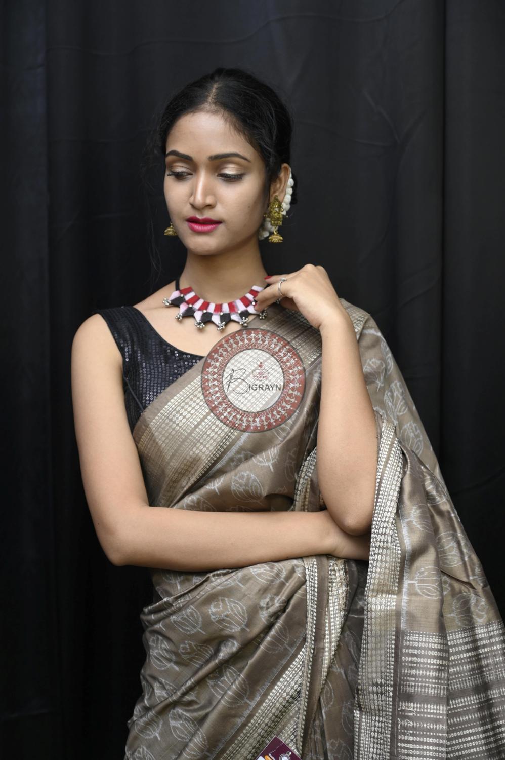 Gray Tulips Tea Leaf Natural Dye Sambalpuri Silk Saree