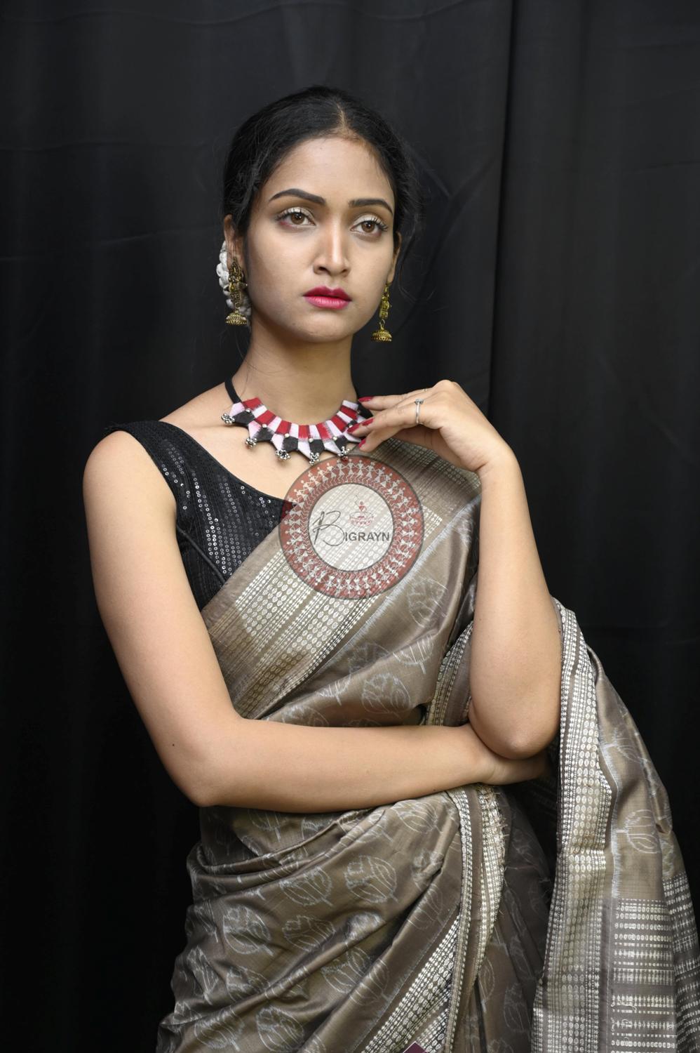 Grey Tulips Natural Dye Sambalpuri Silk Saree