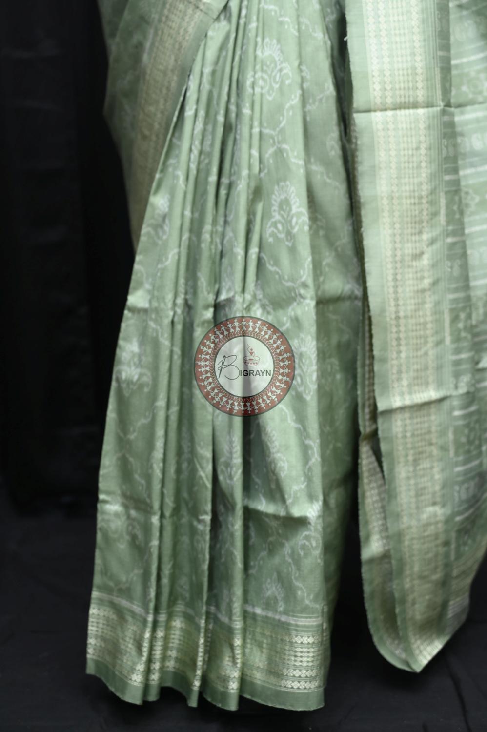 Mint Leaves Flowers Natural Dye Sambalpuri Silk Saree
