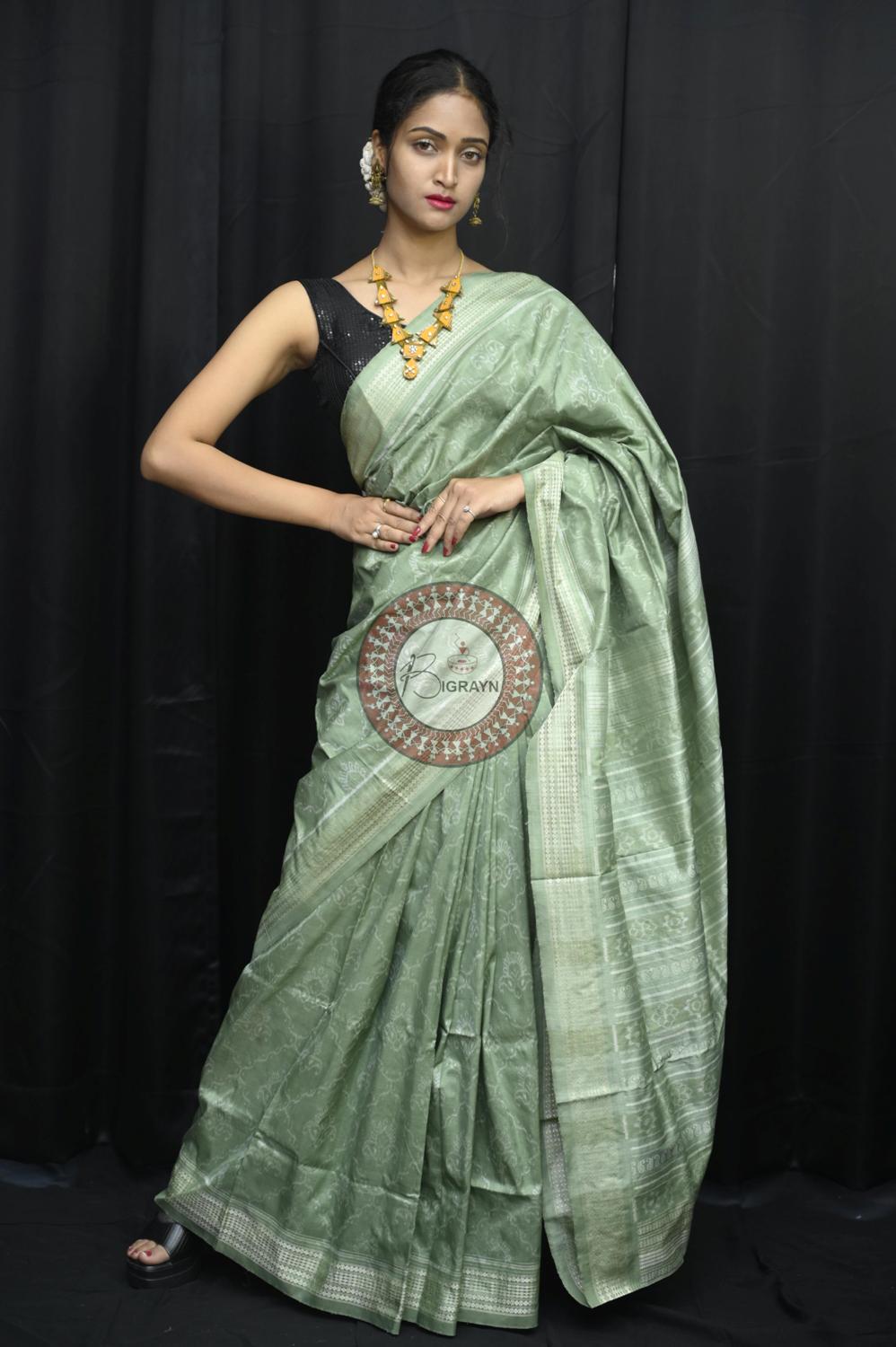 Mint Leaves Flowers Natural Dye Sambalpuri Silk Saree