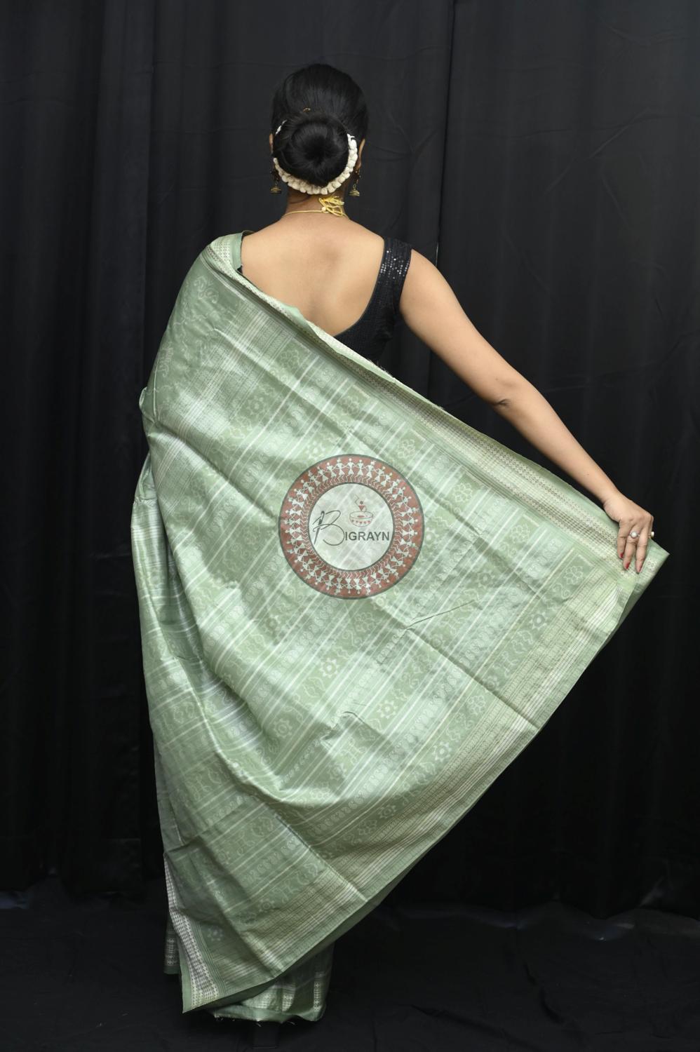 Mint Leaves Flowers Natural Dye Sambalpuri Silk Saree
